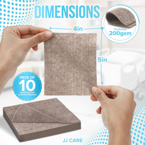JJ CARE Silver Calcium Alginate Wound Dressing (Pack of 10) 4x5, Calcium Alginate Wound Dressing, Individually Packed Calcium Alginate, Highly Absorbent Silver Wound Dressing